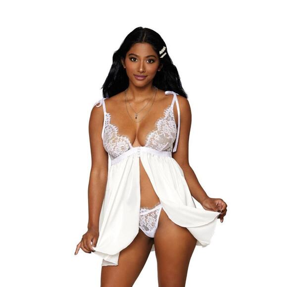 🦋B2G1🦋DREAMGIRL Satin & Eyelash Lace BRIDAL Babydoll With Matching G-String Set - Picture 1 of 6